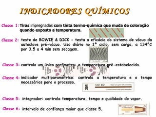 INDICADORES QUÍMICOS Classe 1:   intervalo de confiança maior que classe 5. Classe 6:  Tiras  impregnadas  com tinta termo-química que muda de coloração quando exposto a temperatura. Classe 2: teste de BOWIE & DICK - testa a eficácia do sistema de vácuo da autoclave pré-vácuo. Uso diário no 1º ciclo, sem carga, a 134°C por 3,5 a 4 min sem secagem. Classe 3: controla um único parâmetro: a temperatura pré-estabelecida. Classe 4: indicador multiparamétrico: controla a temperatura e o tempo necessários para o processo. Classe 5: integrador: controla temperatura, tempo e qualidade do vapor. 