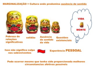 Pobreza de
relações
significativas
solidão Ausência
de sentido
da vida
Questões
existenciais
VIDA
MORTE
MARGINALIZAÇÃO = Cultura onde predomina ausência de sentido
Pode ocorrer mesmo que tenha sido proporcionada melhores
circunstancias afetivas possíveis
Isso não significa culpa
nos sobreviventes
Experiência PESSOAL
 
