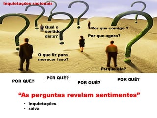 “As perguntas revelam sentimentos”
POR QUÊ?
POR QUÊ?
POR QUÊ?
POR QUÊ?
• inquietações
• raiva
Inquietações racionais
Por que comigo ?
Por que agora?
Porque ela?
O que fiz para
merecer isso?
Qual o
sentido
disto?
 