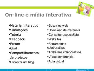 On-line e mídia interativa Busca na web Download de materiais Consultar especialista Websites Ferramentas colaborativas Trabalhos colaborativos Vídeo conferência Aula virtual Material interativo Simulações Tutoria Feedback Forum Chat Compartilhamento de projetos Escrever um blog 
