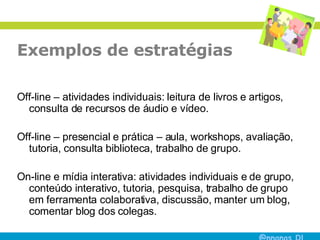 Exemplos de estratégias Off-line – atividades individuais: leitura de livros e artigos, consulta de recursos de áudio e vídeo. Off-line – presencial e prática – aula, workshops, avaliação, tutoria, consulta biblioteca, trabalho de grupo. On-line e mídia interativa: atividades individuais e de grupo, conteúdo interativo, tutoria, pesquisa, trabalho de grupo em ferramenta colaborativa, discussão, manter um blog, comentar blog dos colegas. 