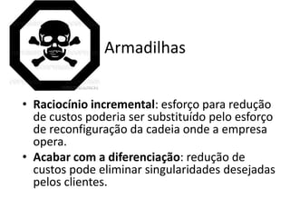Armadilhas


• Raciocínio incremental: esforço para redução
  de custos poderia ser substituído pelo esforço
  de reconfiguração da cadeia onde a empresa
  opera.
• Acabar com a diferenciação: redução de
  custos pode eliminar singularidades desejadas
  pelos clientes.
 