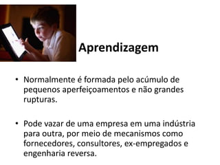 Aprendizagem

• Normalmente é formada pelo acúmulo de
  pequenos aperfeiçoamentos e não grandes
  rupturas.

• Pode vazar de uma empresa em uma indústria
  para outra, por meio de mecanismos como
  fornecedores, consultores, ex-empregados e
  engenharia reversa.
 