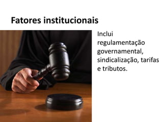 Fatores institucionais
                     Inclui
                     regulamentação
                     governamental,
                     sindicalização, tarifas
                     e tributos.
 