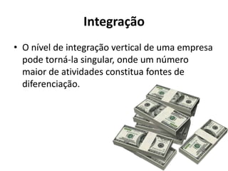Integração
• O nível de integração vertical de uma empresa
  pode torná-la singular, onde um número
  maior de atividades constitua fontes de
  diferenciação.
 