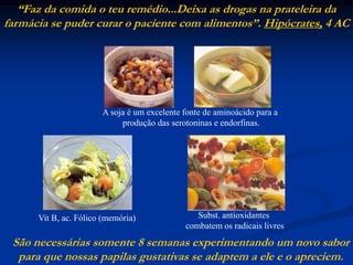 “Faz da comida o teu remédio...Deixa as drogas na prateleira da farmácia se puder curar o paciente com alimentos”. Hipócrates, 4 ACA soja é um excelente fonte de aminoácido para a produção das serotoninas e endorfinas.Subst. antioxidantes combatem os radicais livresVit B, ac. Fólico (memória)São necessárias somente 8 semanas experimentando um novo saborpara que nossas papilas gustativas se adaptem a ele e o apreciem.