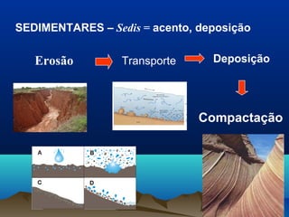 SEDIMENTARES – Sedis = acento, deposição
TransporteErosão Deposição
Compactação
 