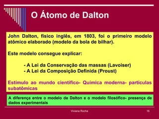 O Átomo de Dalton

John Dalton, físico inglês, em 1803, foi o primeiro modelo
atômico elaborado (modelo da bola de bilhar).

Este modelo consegue explicar:

       - A Lei da Conservação das massas (Lavoiser)
       - A Lei da Composição Definida (Proust)

Estímulo ao mundo científico- Química moderna- partículas
subatômicas
A diferença entre o modelo de Dalton e o modelo filosófico- presença de
dados experimentais
                              Viviana Rocha                         16
 