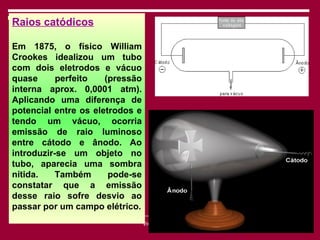 Raios catódicos

Em 1875, o físico William
Crookes idealizou um tubo
com dois eletrodos e vácuo
quase      perfeito   (pressão
interna aprox. 0,0001 atm).
Aplicando uma diferença de
potencial entre os eletrodos e
tendo um vácuo, ocorria
emissão de raio luminoso
entre cátodo e ânodo. Ao
introduzir-se um objeto no
tubo, aparecia uma sombra
nítida.    Também      pode-se
constatar que a emissão
desse raio sofre desvio ao
passar por um campo elétrico.
                                 Viviana Rocha   19
 