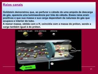 Raios canais

Goldstein demonstrou que, ao perfurar o cátodo de uma ampola de descarga
de gás, aparecia uma luminescência por trás do cátodo. Esses raios eram
positivos e que sua massa e sua carga dependiam da natureza do gás que
ocupava o interior do tubo.
A menor massa, obtida com o H, coincidia com a massa do próton, sendo a
carga também igual à do próton.




                                Viviana Rocha                        21
 
