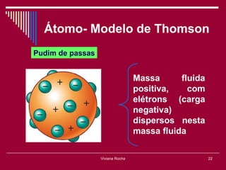 Átomo- Modelo de Thomson
Pudim de passas


                                  Massa      fluida
                                  positiva,    com
                                  elétrons (carga
                                  negativa)
                                  dispersos nesta
                                  massa fluida

                  Viviana Rocha                       22
 