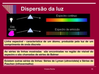 Dispersão da luz




Linha espectral - característica de um átomo, produzida pela luz de um
comprimento de onda discreta

As séries de linhas mostradas são encontradas na região do visível do
espectro e são chamadas de séries de Balmer

Existem outras séries de linhas: Séries de Lyman (ultravioleta) e Séries de
Paschen (infravermelho)
                                 Viviana Rocha                           36
 