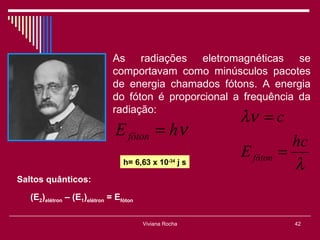 As radiações eletromagnéticas se
                              comportavam como minúsculos pacotes
                              de energia chamados fótons. A energia
                              do fóton é proporcional a frequência da
                              radiação:
                                                             λν = c
                               E fóton = hν
                                                                         hc
                                                             E fóton   =
                                 h= 6,63 x 10    -34
                                                        js
                                                                         λ
Saltos quânticos:
   (E2)elétron – (E1)elétron = Efóton

                                        Viviana Rocha                    42
 