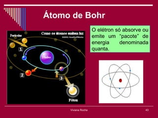 Átomo de Bohr
                     O elétron só absorve ou
                     emite um “pacote” de
                     energia     denominada
                     quanta.




     Viviana Rocha                        43
 