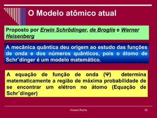 O Modelo atômico atual

Proposto por Erwin Schrödinger, de Broglie e Werner
Heisenberg

A mecânica quântica deu origem ao estudo das funções
de onda e dos números quânticos, pois o átomo de
Schrödinger é um modelo matemático.

A equação de função de onda (Ψ)          determina
matematicamente a região de máxima probabilidade de
se encontrar um elétron no átomo (Equação de
Schrödinger)


                        Viviana Rocha                 52
 
