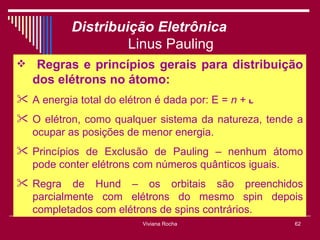 Distribuição Eletrônica
                    Linus Pauling
    Regras e princípios gerais para distribuição
    dos elétrons no átomo:
 A energia total do elétron é dada por: E = n + l.
 O elétron, como qualquer sistema da natureza, tende a
  ocupar as posições de menor energia.
 Princípios de Exclusão de Pauling – nenhum átomo
  pode conter elétrons com números quânticos iguais.
 Regra de Hund – os orbitais são preenchidos
  parcialmente com elétrons do mesmo spin depois
  completados com elétrons de spins contrários.
                           Viviana Rocha              62
 
