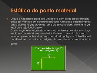 Estática do ponto materialO que é necessário para que um objeto com essas características possa ser mantido em equilíbrio estático? A resposta é bem simples: basta que as forças atuantes sobre ele se cancelem, isto é, a força resultante seja igual a zero. Como força, é uma grandeza vetorial, podemos calcular essa força resultante através da soma vetorial. Existe um método de soma vetorial que é conhecido como método da poligonal. Tal método é constituído em se colocar a origem de um vetor na extremidade do outro.