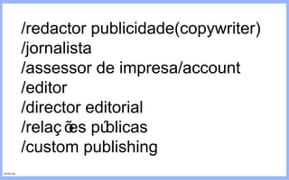 /redactor publicidade(copywriter) /jornalista /assessor de impresa/account /editor /director editorial /relações públicas /custom publishing FILIPE GIL 