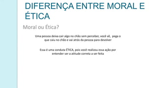 DIFERENÇA ENTRE MORAL E
ÉTICA
Moral ou Ética?
Uma pessoa deixa cair algo no chão sem perceber, você vê, pega o
que caiu no chão e vai atrás da pessoa para devolver
Essa é uma conduta ÉTICA, pois você realizou essa ação por
entender ser a atitude correta a ser feita
 