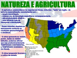• A agricultura estadunidense se organiza em faixas, cinturões - "belts" em inglês - deA agricultura estadunidense se organiza em faixas, cinturões - "belts" em inglês - de
extrema especialização, caracterizadas por...extrema especialização, caracterizadas por...
...ampla mecanização,...ampla mecanização,
...intenso uso de tecnologia específica e, consequentemente,...intenso uso de tecnologia específica e, consequentemente,
...alta produtividade aliada a......alta produtividade aliada a...
...uma eficiente rede de...uma eficiente rede de
transporte e distribuição.transporte e distribuição.
• Esses cinturões dispõem-seEsses cinturões dispõem-se
basicamente conforme asbasicamente conforme as
condições geomorfológicascondições geomorfológicas
e climáticas.e climáticas.
• O clima apresenta-se variado,O clima apresenta-se variado,
porém, dadas as médiasporém, dadas as médias
latitudes, podemos afirmarlatitudes, podemos afirmar
que seja predominantementeque seja predominantemente
TEMPERADO CONTINENTAL,TEMPERADO CONTINENTAL,
e TEMPERADO OCEÂNICOe TEMPERADO OCEÂNICO
(no litoral).(no litoral).
• O clima temperado favoreceO clima temperado favorece
o cultivo de cereais.o cultivo de cereais.
 