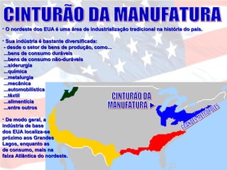 • O nordeste dos EUA é uma área de industrialização tradicional na história do país.O nordeste dos EUA é uma área de industrialização tradicional na história do país.
• Sua indústria é bastante diversificada:Sua indústria é bastante diversificada:
- desde o setor de bens de produção, como...- desde o setor de bens de produção, como...
...bens de consumo duráveis...bens de consumo duráveis
...bens de consumo não-duráveis...bens de consumo não-duráveis
...siderurgia...siderurgia
...química...química
...metalurgia...metalurgia
...mecânica...mecânica
...automobilística...automobilística
...têxtil...têxtil
...alimentícia...alimentícia
...entre outros...entre outros
• De modo geral, aDe modo geral, a
indústria de baseindústria de base
dos EUA localiza-sedos EUA localiza-se
próximo aos Grandespróximo aos Grandes
Lagos, enquanto asLagos, enquanto as
de consumo, mais nade consumo, mais na
faixa Atlântica do nordeste.faixa Atlântica do nordeste.
 