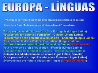 • Vejamos as diferenças linguisticas entre alguns idiomas falados na Europa:
Usaremos a frase “Toda pessoa tem direito à educação” como base.
Toda pessoa tem direito à educação – Português (Língua Latina)
Toda persoa ten dereito á educación – Galego (Língua Latina)
Toda persona tiene derecho a la educación – Espanhol (Língua Latina)
Tota persona té dret a l'educació – Catalão (Língua Latina)
Guztiek dute hezkuntzarako eskubidea du – Basco (Língua isolada)
Tout le monde a droit à l'éducation – Francês (Língua Latina)
Ogni individuo ha diritto all'istruzione – Italiano (Língua Latina)
Quisque ius ad educationem – Latim (Língua Latina, Primeira)
Orice persoană are dreptul la educaţie – Romeno (Língua Latina)
Everyone has the right to education – Inglês (Língua Germânica)
 