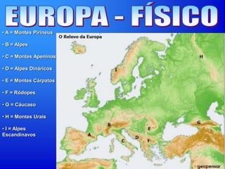 • A = Montes Pirineus
• B = Alpes
• C = Montes Apeninos
• D = Alpes Dináricos
• E = Montes Cárpatos
• F = Ródopes
• G = Cáucaso
• H = Montes Urais
• I = Alpes
Escandinavos
 