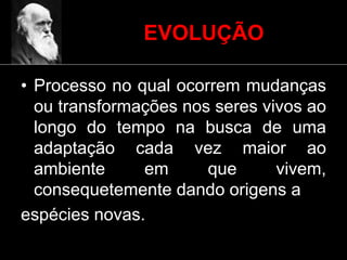 EVOLUÇÃO
• Processo no qual ocorrem mudanças
ou transformações nos seres vivos ao
longo do tempo na busca de uma
adaptação cada vez maior ao
ambiente em que vivem,
consequetemente dando origens a
espécies novas.
 