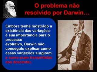 O problema não
resolvido por Darwin…
Embora tenha mostrado a
existência das variações
e sua importância para o
processo
evolutivo, Darwin não
conseguiu explicar como
essas variações surgiram
e como eram transmitidas
aos descentes.
 