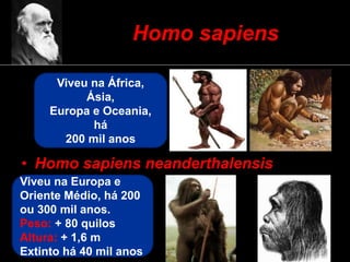 Homo sapiens
• Homo sapiens neanderthalensis
Viveu na África,
Ásia,
Europa e Oceania,
há
200 mil anos
Viveu na Europa e
Oriente Médio, há 200
ou 300 mil anos.
Peso: + 80 quilos
Altura: + 1,6 m
Extinto há 40 mil anos
 