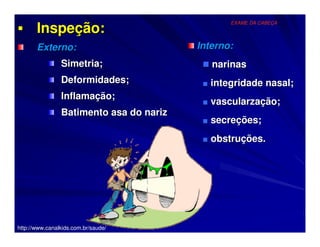 Inspeção:
                                                EXAME DA CABEÇA




       Externo:                          Interno:
                Simetria;                   narinas
                Deformidades;             ■ integridade nasal;
                Inflamação;
                                          ■ vascularzação;
                Batimento asa do nariz
                                          ■ secreções;

                                          ■ obstruções.




http://www.canalkids.com.br/saude/
 