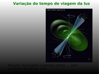 Variação do tempo de viagem da luz
Pulsares: Associados a estrelas velhas .... Sem
condições de abrigar vida
 
