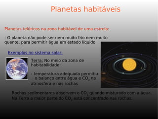 Planetas habitáveis
Planetas telúricos na zona habitável de uma estrela:
- O planeta não pode ser nem muito frio nem muito
quente, para permitir água em estado líquido
Exemplos no sistema solar:
Rochas sedimentares absorvem o CO2
quando misturado com a água.
Na Terra a maior parte do CO2
está concentrado nas rochas.
Terra: No meio da zona de
habitabilidade:
- temperatura adequada permitiu
o balanço entre água e CO2
na
atmosfera e nas rochas
 