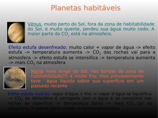 Efeito estufa desenfreado: muito calor + vapor de água -> efeito
estufa -> temperatura aumenta -> CO2 das rochas vai para a
atmosfera -> efeito estufa se intensifica -> temperatura aumenta
-> mais CO2 na atmosfera
Vênus, muito perto do Sol, fora da zona de habitabilidade
do Sol, é muito quente, perdeu sua água muito cedo. A
maior parte do CO2
está na atmosfera.
Planetas habitáveis
Efeito estufa inverso: vapor d'água + frio -> vapor d’água se liquidifica
-> CO2 da atmosfera é carregado com a água e se concentra nas
rochas da superfície -> temperatura baixa -> mais CO2 sai da
atmosfera -> menos efeito estufa -> temperatura baixa ...
Marte mais longe do Sol, nas bordas da zona de
habitabilidade(?) é muito frio, mas provavelmente
teve água líquida sobre sua superfície em um
passado recente
 