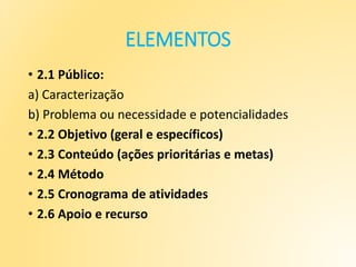 ELEMENTOS
• 2.1 Público:
a) Caracterização
b) Problema ou necessidade e potencialidades
• 2.2 Objetivo (geral e específicos)
• 2.3 Conteúdo (ações prioritárias e metas)
• 2.4 Método
• 2.5 Cronograma de atividades
• 2.6 Apoio e recurso
 