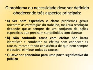 O problema ou necessidade deve ser definido
obedecendo três aspectos principais:
• a) Ser bem específico e claro: problemas gerais
orientam as estratégias do trabalho, mas sua resolução
depende quase sempre de um conjunto de ações
específicas que precisam ser definidas com clareza;
• b) Não confundir causa com efeito: não basta
identificar e combater os efeitos sem conhecer as
causas, mesmo tendo consciência de que nem sempre
é possível eliminar todas as causas;
• c) Deve ser prioritário para uma parte significativa do
público
 