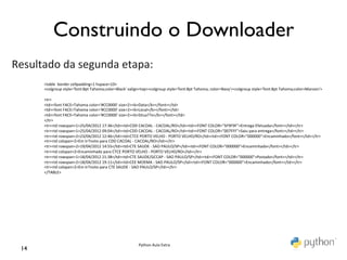 Construindo o Downloader	

Resultado	
  da	
  segunda	
  etapa:	
  
          <table	
  	
  border	
  cellpadding=1	
  hspace=10>	
  
          <colgroup	
  style='font:8pt	
  Tahoma;color=Black'	
  valign=top><colgroup	
  style='font:8pt	
  Tahoma;	
  color=Navy'><colgroup	
  style='font:8pt	
  Tahoma;color=Maroon'>	
  
          	
  
          <tr>	
  
          <td><font	
  FACE=Tahoma	
  color='#CC0000'	
  size=2><b>Data</b></font></td>	
  
          <td><font	
  FACE=Tahoma	
  c	
  olor='#CC0000'	
  size=2><b>Local</b></font></td>	
  
          <td><font	
  FACE=Tahoma	
  c	
  olor='#CC0000'	
  size=2><b>Situa??o</b></font></td>	
  
          </tr>	
  
          <tr><td	
  rowspan=1>25/04/2012	
  17:36</td><td>CDD	
  CACOAL	
  -­‐	
  CACOAL/RO</td><td><FONT	
  COLOR="5F9F9F">Entrega	
  Efetuada</font></td></tr>	
  
          <tr><td	
  rowspan=1>25/04/2012	
  09:04</td><td>CDD	
  CACOAL	
  -­‐	
  CACOAL/RO</td><td><FONT	
  COLOR="007FFF">Saiu	
  para	
  entrega</font></td></tr>	
  
          <tr><td	
  rowspan=2>23/04/2012	
  12:46</td><td>CTCE	
  PORTO	
  VELHO	
  -­‐	
  PORTO	
  VELHO/RO</td><td><FONT	
  COLOR="000000">Encaminhado</font></td></tr>	
  
          <tr><td	
  colspan=2>Em	
  tr?nsito	
  para	
  CDD	
  CACOAL	
  -­‐	
  CACOAL/RO</td></tr>	
  
          <tr><td	
  rowspan=2>19/04/2012	
  14:55</td><td>CTE	
  SAUDE	
  -­‐	
  SAO	
  PAULO/SP</td><td><FONT	
  COLOR="000000">Encaminhado</font></td></tr>	
  
          <tr><td	
  colspan=2>Encaminhado	
  para	
  CTCE	
  PORTO	
  VELHO	
  -­‐	
  PORTO	
  VELHO/RO</td></tr>	
  
          <tr><td	
  rowspan=1>18/04/2012	
  21:38</td><td>CTE	
  SAUDE/GCCAP	
  -­‐	
  SAO	
  PAULO/SP</td><td><FONT	
  COLOR="000000">Postado</font></td></tr>	
  
          <tr><td	
  rowspan=2>18/04/2012	
  19:11</td><td>CEE	
  MOEMA	
  -­‐	
  SAO	
  PAULO/SP</td><td><FONT	
  COLOR="000000">Encaminhado</font></td></tr>	
  
          <tr><td	
  colspan=2>Em	
  tr?nsito	
  para	
  CTE	
  SAUDE	
  -­‐	
  SAO	
  PAULO/SP</td></tr>	
  
          </TABLE>	
  




                                                                      Python	
  Aula	
  Extra	
  
  14	

 
