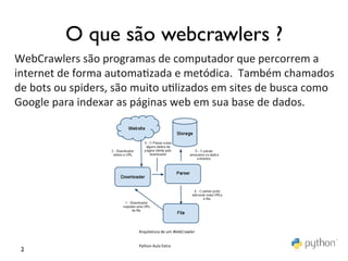  
	
  
               O que são webcrawlers ?	

WebCrawlers	
  são	
  programas	
  de	
  computador	
  que	
  percorrem	
  a	
  
internet	
  de	
  forma	
  automa>zada	
  e	
  metódica.	
  	
  Também	
  chamados	
  
de	
  bots	
  ou	
  spiders,	
  são	
  muito	
  u>lizados	
  em	
  sites	
  de	
  busca	
  como	
  
Google	
  para	
  indexar	
  as	
  páginas	
  web	
  em	
  sua	
  base	
  de	
  dados.	
  




                                      Arquitetura	
  de	
  um	
  WebCrawler	
  


                                      Python	
  Aula	
  Extra	
  
 2	

 
