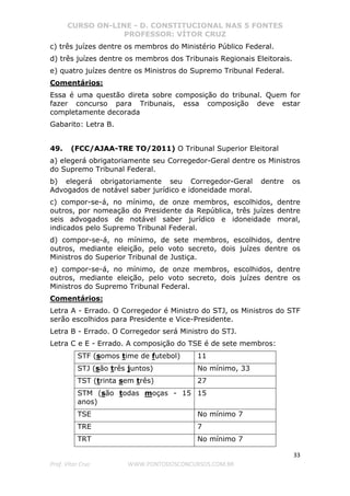 CURSO ON-LINE - D. CONSTITUCIONAL NAS 5 FONTES
PROFESSOR: VÍTOR CRUZ
33
Prof. Vítor Cruz WWW.PONTODOSCONCURSOS.COM.BR
c) três juízes dentre os membros do Ministério Público Federal.
d) três juízes dentre os membros dos Tribunais Regionais Eleitorais.
e) quatro juízes dentre os Ministros do Supremo Tribunal Federal.
Comentários:
Essa é uma questão direta sobre composição do tribunal. Quem for
fazer concurso para Tribunais, essa composição deve estar
completamente decorada
Gabarito: Letra B.
49. (FCC/AJAA-TRE TO/2011) O Tribunal Superior Eleitoral
a) elegerá obrigatoriamente seu Corregedor-Geral dentre os Ministros
do Supremo Tribunal Federal.
b) elegerá obrigatoriamente seu Corregedor-Geral dentre os
Advogados de notável saber jurídico e idoneidade moral.
c) compor-se-á, no mínimo, de onze membros, escolhidos, dentre
outros, por nomeação do Presidente da República, três juízes dentre
seis advogados de notável saber jurídico e idoneidade moral,
indicados pelo Supremo Tribunal Federal.
d) compor-se-á, no mínimo, de sete membros, escolhidos, dentre
outros, mediante eleição, pelo voto secreto, dois juízes dentre os
Ministros do Superior Tribunal de Justiça.
e) compor-se-á, no mínimo, de onze membros, escolhidos, dentre
outros, mediante eleição, pelo voto secreto, dois juízes dentre os
Ministros do Supremo Tribunal Federal.
Comentários:
Letra A - Errado. O Corregedor é Ministro do STJ, os Ministros do STF
serão escolhidos para Presidente e Vice-Presidente.
Letra B - Errado. O Corregedor será Ministro do STJ.
Letra C e E - Errado. A composição do TSE é de sete membros:
STF (somos time de futebol) 11
STJ (são três juntos) No mínimo, 33
TST (trinta sem três) 27
STM (são todas moças - 15
anos)
15
TSE No mínimo 7
TRE 7
TRT No mínimo 7
 