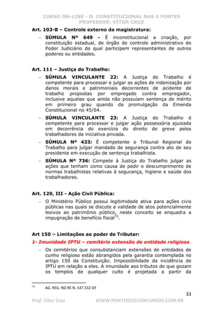 CURSO ON-LINE - D. CONSTITUCIONAL NAS 5 FONTES
PROFESSOR: VÍTOR CRUZ
33
Prof. Vítor Cruz WWW.PONTODOSCONCURSOS.COM.BR
Art. 103-B – Controle externo da magistratura:
− SÚMULA Nº 649 - É inconstitucional a criação, por
constituição estadual, de órgão de controle administrativo do
Poder Judiciário do qual participem representantes de outros
poderes ou entidades.
Art. 111 – Justiça do Trabalho:
− SÚMULA VINCULANTE 22: A Justiça do Trabalho é
competente para processar e julgar as ações de indenização por
danos morais e patrimoniais decorrentes de acidente de
trabalho propostas por empregado contra empregador,
inclusive aquelas que ainda não possuíam sentença de mérito
em primeiro grau quando da promulgação da Emenda
Constitucional no 45/04.
− SÚMULA VINCULANTE 23: A Justiça do Trabalho é
competente para processar e julgar ação possessória ajuizada
em decorrência do exercício do direito de greve pelos
trabalhadores da iniciativa privada.
− SÚMULA Nº 433: É competente o Tribunal Regional do
Trabalho para julgar mandado de segurança contra ato de seu
presidente em execução de sentença trabalhista.
− SÚMULA Nº 736: Compete à Justiça do Trabalho julgar as
ações que tenham como causa de pedir o descumprimento de
normas trabalhistas relativas à segurança, higiene e saúde dos
trabalhadores.
Art. 129, III - Ação Civil Pública:
− O Ministério Público possui legitimidade ativa para ações civis
públicas nas quais se discute a validade de atos potencialmente
lesivos ao patrimônio público, neste conceito se enquadra a
impugnação de benefício fiscal72
.
Art 150 – Limitações ao poder de Tributar:
1- Imunidade IPTU – cemitério extensão de entidade religiosa
− Os cemitérios que consubstanciam extensões de entidades de
cunho religioso estão abrangidos pela garantia contemplada no
artigo 150 da Constituição. Impossibilidade da incidência de
IPTU em relação a eles. A imunidade aos tributos de que gozam
os templos de qualquer culto é projetada a partir da
72
AG. REG. NO RE N. 547.532-DF
 
