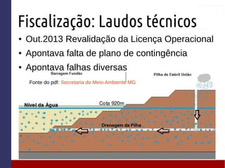 Fiscalização: Laudos técnicos
● Out.2013 Revalidação da Licença Operacional
● Apontava falta de plano de contingência
● Apontava falhas diversas
Fonte do pdf: Secretaria do Meio Ambiente MG
 