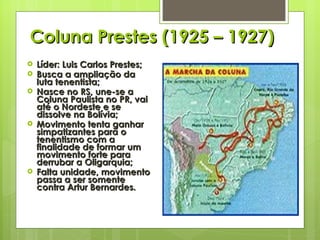 Coluna Prestes (1925 – 1927) Líder: Luis Carlos Prestes; Busca a ampliação da luta tenentista; Nasce no RS, une-se a Coluna Paulista no PR, vai até o Nordeste e se dissolve na Bolívia; Movimento tenta ganhar simpatizantes para o tenentismo com a finalidade de formar um movimento forte para derrubar a Oligarquia; Falta unidade, movimento passa a ser somente contra Artur Bernardes. 