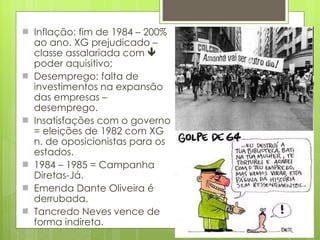 Inflação: fim de 1984 – 200% ao ano. XG prejudicado – classe assalariada com    poder aquisitivo; Desemprego: falta de investimentos na expansão das empresas – desemprego. Insatisfações com o governo = eleições de 1982 com XG n. de oposicionistas para os estados. 1984 – 1985 = Campanha Diretas-Já. Emenda Dante Oliveira é derrubada. Tancredo Neves vence de forma indireta. 