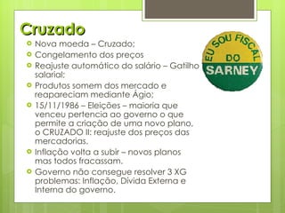 Cruzado Nova moeda – Cruzado; Congelamento dos preços Reajuste automático do salário – Gatilho salarial; Produtos somem dos mercado e reapareciam mediante Ágio; 15/11/1986 – Eleições – maioria que venceu pertencia ao governo o que permite a criação de uma novo plano, o CRUZADO II: reajuste dos preços das mercadorias. Inflação volta a subir – novos planos mas todos fracassam. Governo não consegue resolver 3 XG problemas: Inflação, Dívida Externa e Interna do governo. 