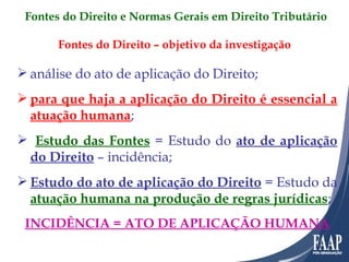 Fontes do Direito – objetivo da investigação análise do ato de aplicação do Direito; para que haja a aplicação do Direito é essencial a atuação humana ; Estudo das Fontes  = Estudo do  ato de aplicação do Direito  – incidência; Estudo do ato de aplicação do Direito  = Estudo da  atuação humana na produção de regras jurídicas ; INCIDÊNCIA = ATO DE APLICAÇÃO HUMANA Fontes do Direito e Normas Gerais em Direito Tributário 