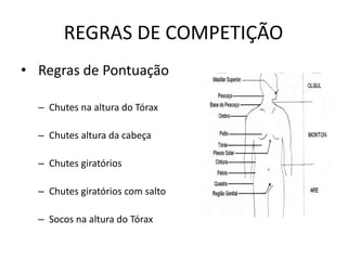 REGRAS DE COMPETIÇÃO
• Regras de Pontuação
– Chutes na altura do Tórax
– Chutes altura da cabeça
– Chutes giratórios
– Chutes giratórios com salto
– Socos na altura do Tórax
 