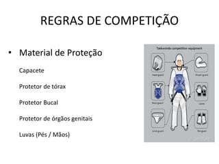 REGRAS DE COMPETIÇÃO
• Material de Proteção
Capacete
Protetor de tórax
Protetor Bucal
Protetor de órgãos genitais
Luvas (Pés / Mãos)
 