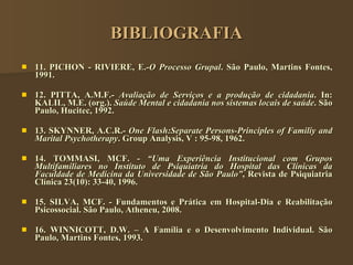 BIBLIOGRAFIA <ul><li>11. PICHON - RIVIERE, E.- O Processo Grupal . São Paulo, Martins Fontes, 1991. </li></ul><ul><li>12. ...
