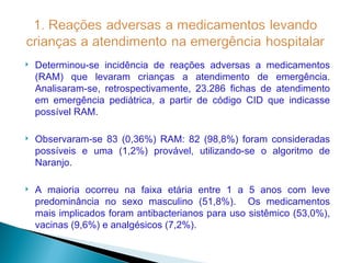    Determinou-se incidência de reações adversas a medicamentos
    (RAM) que levaram crianças a atendimento de emergência.
    Analisaram-se, retrospectivamente, 23.286 fichas de atendimento
    em emergência pediátrica, a partir de código CID que indicasse
    possível RAM.

   Observaram-se 83 (0,36%) RAM: 82 (98,8%) foram consideradas
    possíveis e uma (1,2%) provável, utilizando-se o algoritmo de
    Naranjo.

   A maioria ocorreu na faixa etária entre 1 a 5 anos com leve
    predominância no sexo masculino (51,8%). Os medicamentos
    mais implicados foram antibacterianos para uso sistêmico (53,0%),
    vacinas (9,6%) e analgésicos (7,2%).
 