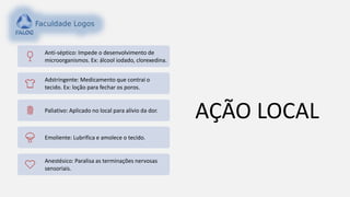 Anti-séptico: Impede o desenvolvimento de
microorganismos. Ex: álcool iodado, clorexedina.
Adstringente: Medicamento que contrai o
tecido. Ex: loção para fechar os poros.
Paliativo: Aplicado no local para alívio da dor.
Emoliente: Lubrifica e amolece o tecido.
Anestésico: Paralisa as terminações nervosas
sensoriais.
AÇÃO LOCAL
 